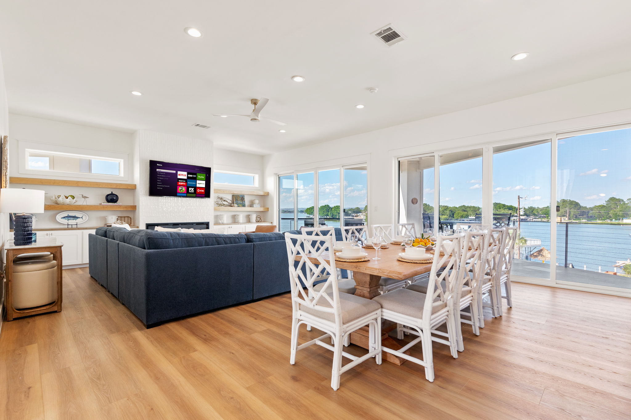 Open living and dining room arranged by Pam Melson